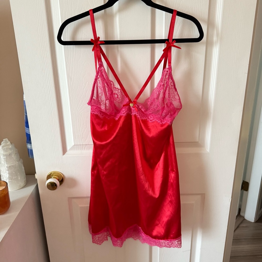 PrettyLittleThing Red Satin Chemise with Pink Lace